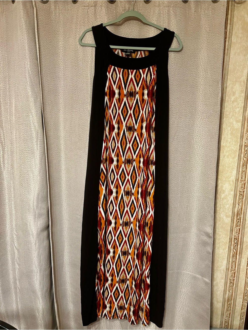 Black Maxi Dress with Rust & Cream Geometric Front Panel
